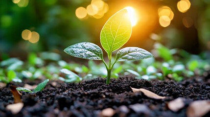 A small green plant emerging from rich soil with sunlight illuminating its leaves.