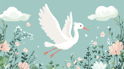 Obraz premium Baby Shower Card with Stork Flat Vector Illustration