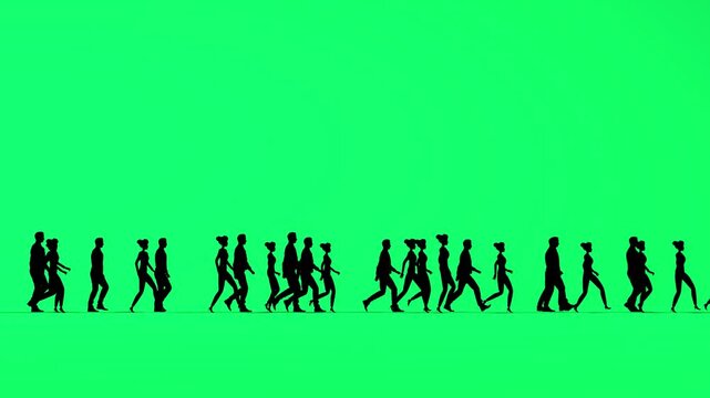 A crowd of people in silhouette walking in a line on a green screen, HD footage.