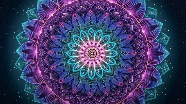 Glowing Mandala Cosmic Pattern in Pink Purple and Teal Hues