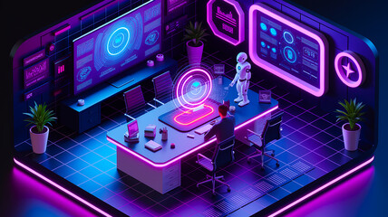 Fototapeta premium Futuristic A I Workspace Glowing Pink Purple Neon Robot