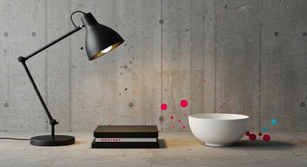 Black adjustable desk lamp and white bowl on a concrete surface.