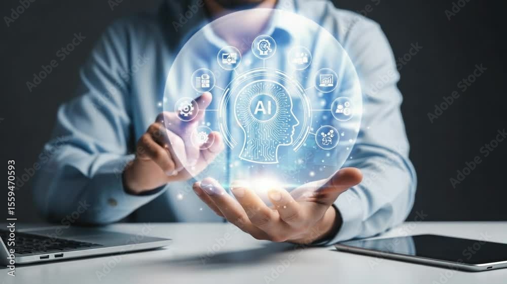 Poster Man presents ai head hologram with laptop and tablet on desk in business setting with light flare 100