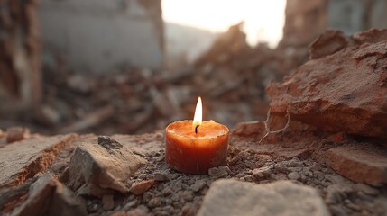 A lone candle flickers amidst the rubble of a destroyed building, symbolizing hope and resilience in the face of devastation
