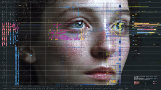 Detailed digital representation showcasing facial recognition technology, featuring close up of human face with data overlays and graphical elements. image conveys sense of innovation