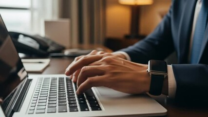 Close up of businessman using laptop keyboard for work in office environment with smartwatch on wrist - Powered by Adobe