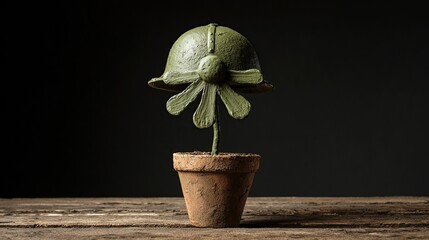 Green flower in a pot. Dark background. Rustic tabletop. Oddity