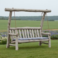 Rustic wooden swing bench beckons relaxation amid a scenic rural landscape view