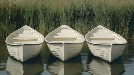 Trio of vintage rowboats resting peacefully on a quiet lake shore scene