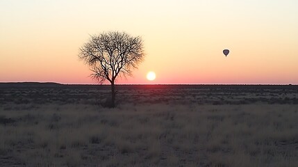 African savanna landscape showcasing sunrise with solitary tree and balloon
