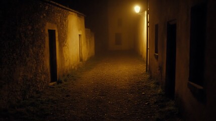 Mysterious narrow street illuminated by a solitary lamp in heavy fog at night