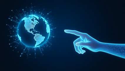 Digital hand pointing at holographic globe with network connections and glowing lines symbolizing global technology, communication, and data exchange.