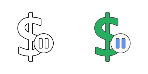 BNPL payment pause icon with pause button and dollar sign, ideal for deferred payment, finance, and budgeting illustrations.