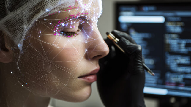 Futuristic makeup application featuring smart technology, showcasing model with digital facial enhancements and high tech background. scene captures innovation and beauty