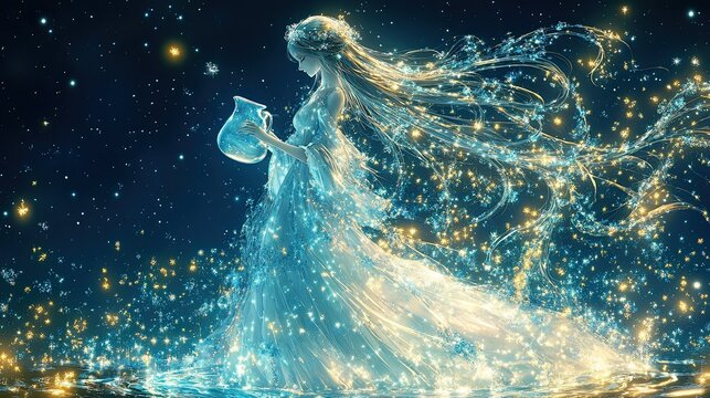 Astrological imagery of Aquarius, a majestic figure with long hair holding water jug beneath starry sky. 