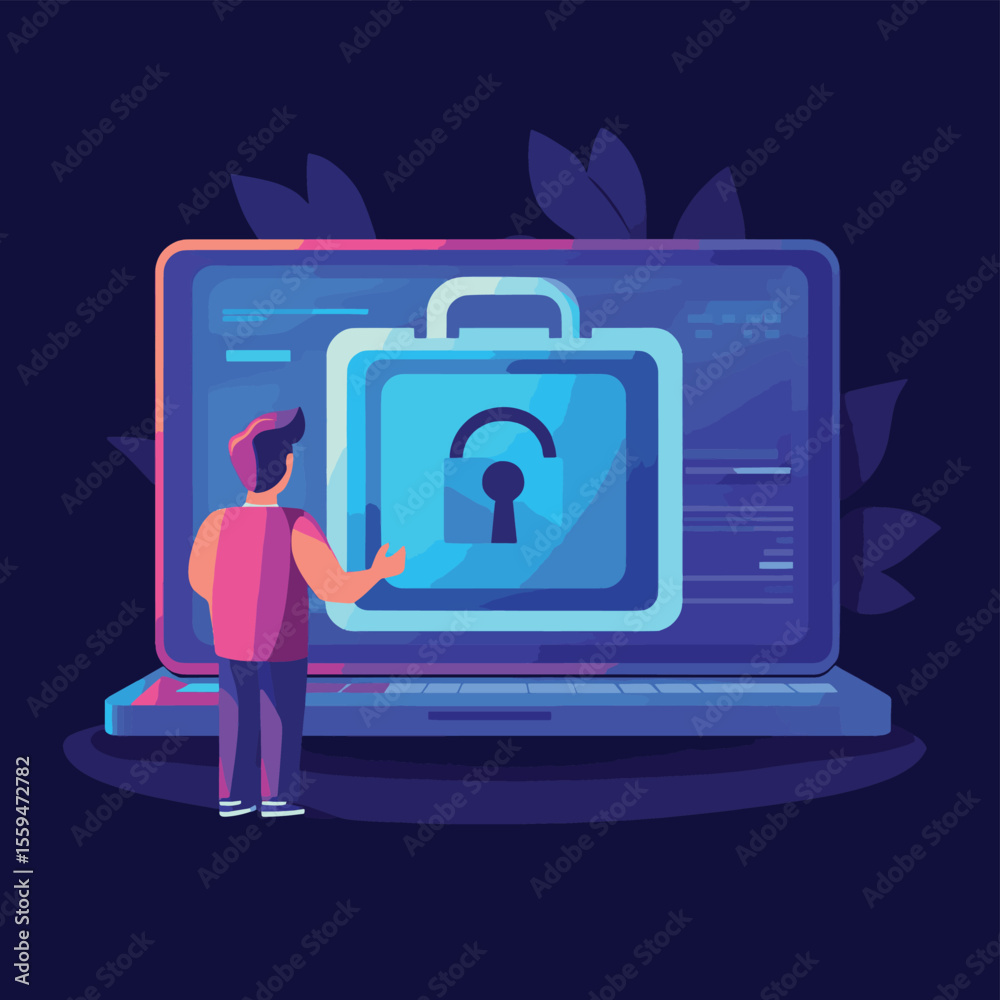Poster cyber security. character use two factor authentication on laptop for password validation. data prot
