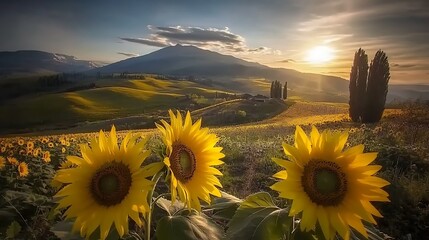 Golden sunset over a sunflower field in the rolling hills of Tuscany