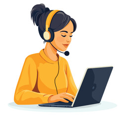 Woman hotline operator wearing headphones and microphone typing on laptop. Call center, customer service, assistance concept. Vector illustration