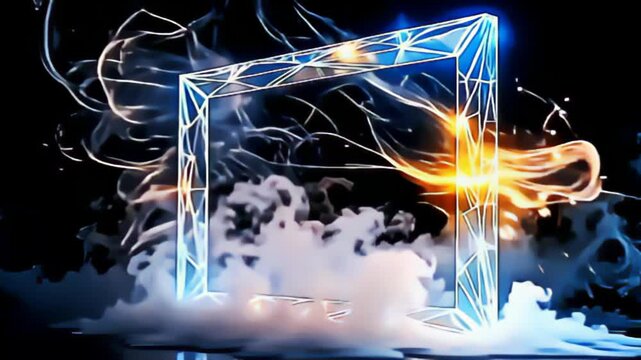 The Geometric crystal Border Frame spinning in slow rotation emerges from a whirlwind of luminescent fog, with brilliant elements twirling and cascading in golden and azure hues, creating