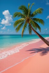 Tropical Palm Tree On Stunning Pink Sand Beach