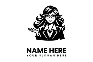 A smiling woman with glasses and a blazer gestures with her hand, ready to present.