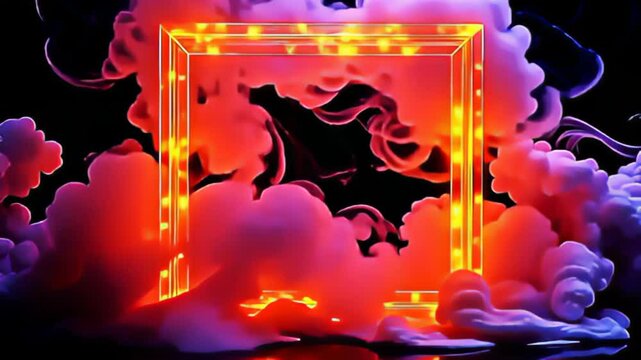 Amidst a sea of color, the Geometric crystal Border Frame spinning in slow rotation is highlighted by a dramatic aura of swirling smoke-like light, melding vibrant oranges and deep purples