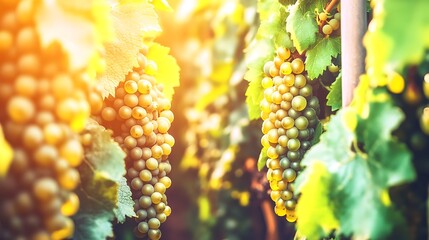 Lush Vineyard Canopy Displaying Ripe Grapes Bathed in Warm Sunlight Hues