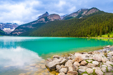 Scenic view of turquoise lake surrounded by mountains and pine trees. This is in Lake Louise in Banff National Park.