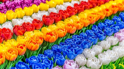 Harmonious display of multicoloured tulip flowers arranged in symmetrical rows