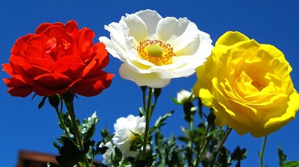 Trio of floral elegance: Vibrant roses against a backdrop of cerulean sky bliss