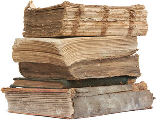 stack of old torn books isolated white background, discolored and ruined books with covers missing...