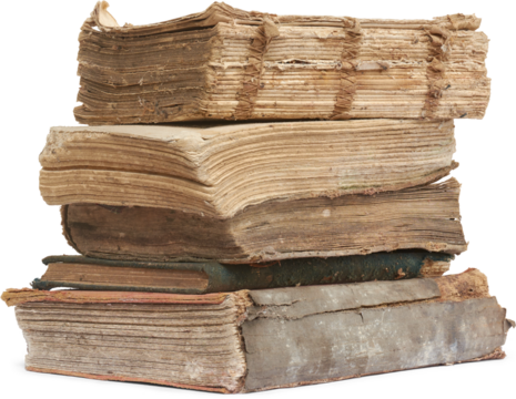 stack of old torn books isolated white background, discolored and ruined books with covers missing revealing bound pages and frayed edges, side view