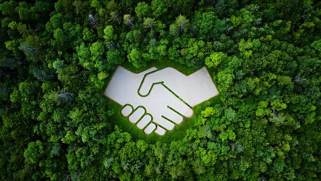 Aerial view of a handshake symbol formed by trees in a lush green forest