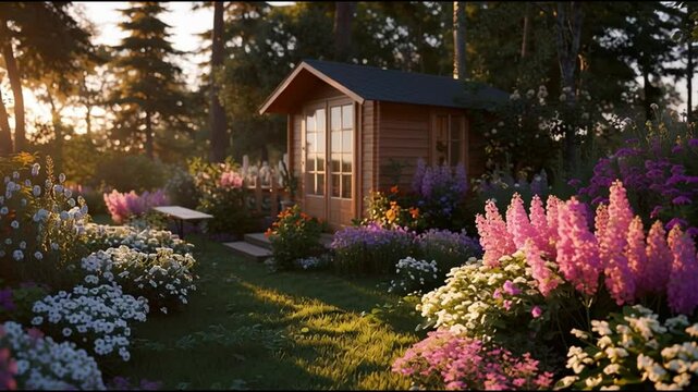 Beautiful garden at sunset with colorful flowers surrounding a wooden cabin in a serene woodland setting