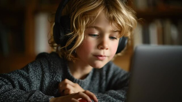 medium shot of a young student wearing headphones and concentrating on laptop screen in cozy home setting, soft daylight, tidy desk