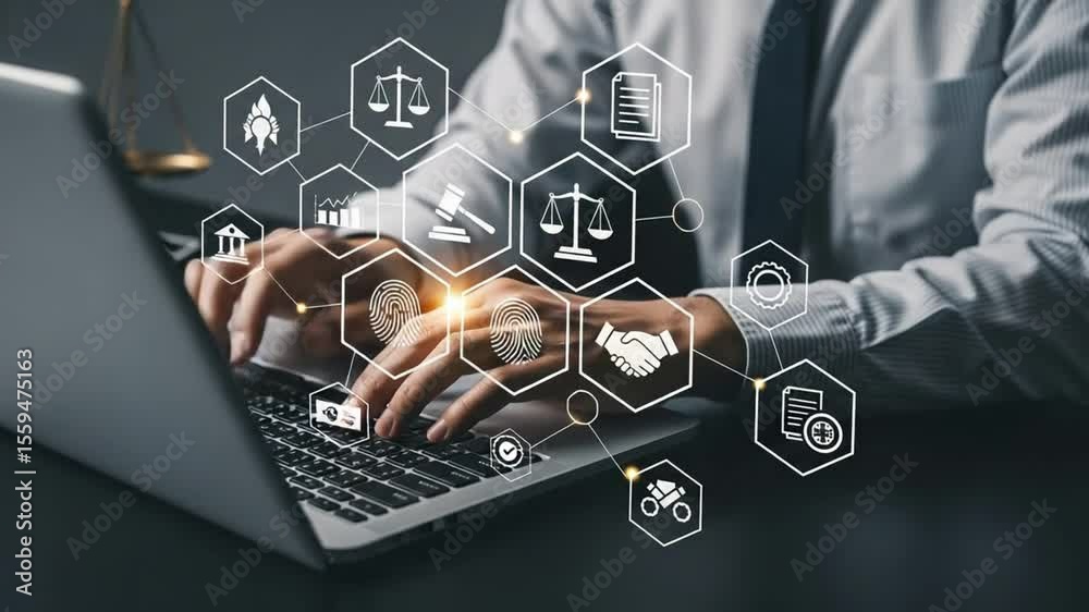 Poster person typing on laptop with legal and business icons overlayed on the screen display interface