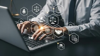 Person typing on laptop with legal and business icons overlayed on the screen display interface - Powered by Adobe