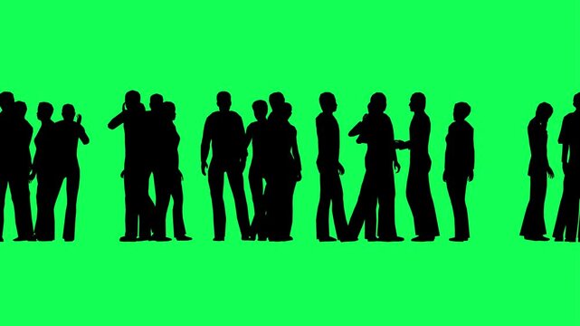 Silhouettes of a crowd of people standing and socializing on a green screen, HD footage.