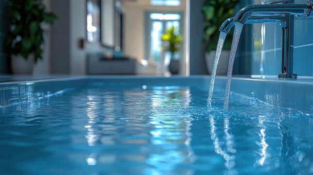 Water Flowing into Full Bathtub with Interior Background