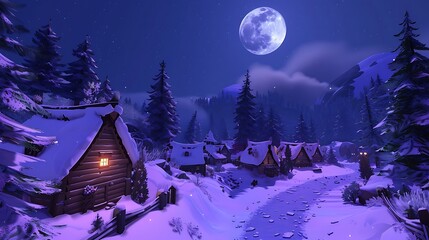 Naklejka premium A tranquil snow-covered village nestled between towering pine trees under a full moon