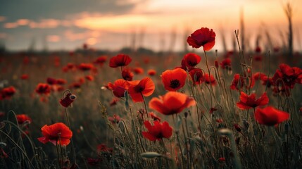 Red poppy flowers field at sunset landscape photography floral nature background image stock