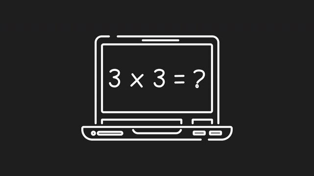 Math equation white line animation. Math equation icon animation on laptop solving 3 x 3 problem. Suitable for educational videos, presentations, online courses, and mathrelated content.