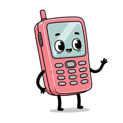 Cartoon red mobile phone character with antenna and facial expression, vintage tech mascot in 3D, isolated on a transparent background, png, cutout