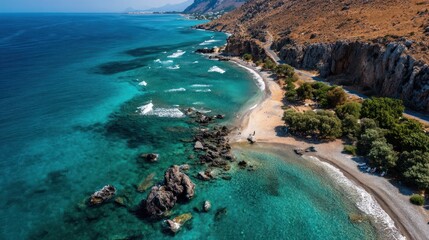 Fototapeta premium Aerial view of crete greece beach landscape turquoise water coastline summer vacation travel 88
