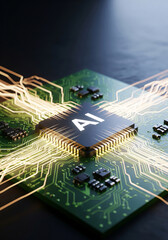 AI chip embedded in a futuristic green PCB board.