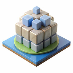 Cubic island structure on white floor for clean futuristic 3D renders and modern digital minimal abstract scenes

