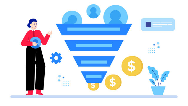 Sales funnel with money flowing through, depicting revenue generation for a business. Suitable for marketing and finance concepts.