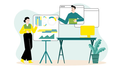 Woman presenting data to a colleague online. Suitable for business presentations, remote teamwork, data analysis concepts. Collaboration, virtual communication, technology.