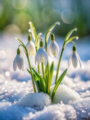 snowdrops blooming through thawing snow