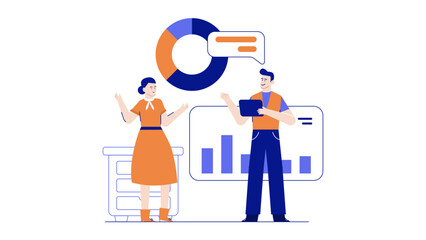 Two colleagues discuss data charts and graphs during a business meeting. Perfect for presentations, business discussions, teamwork concepts, and financial analytics.